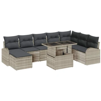Image of vidaXL 9 Piece Garden Sofa Set with Cushions Light Grey Poly Rattan