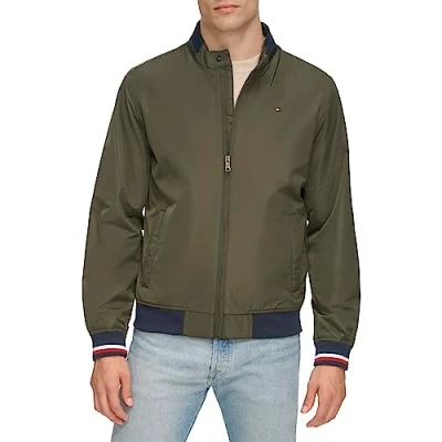 Image of Tommy Hilfiger Men&#039;s Lightweight Varsity Rib Knit Bomber Jacket, Army Green, S