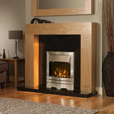 Image of Electric Oak Modern Surround Black Back Panel and Hearth Silver Fire Suite Wall LED Fireplace Large 54&quot;