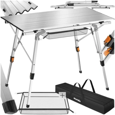 Image of TecTake® Premium Camping Table, Adjustable Height, Lightweight Aluminium, Weather Resistant, Easy Setup with Storage Net, fold away table Includes Dual Handle Carry Bag 90x52x47 70 cm silver