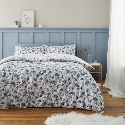 Image of Bianca Brushed Cotton Ophelia Floral Reversible Single Duvet Cover Set with Pillowcase Blue