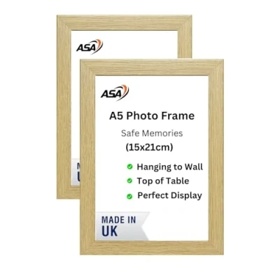 Image of A5 Oak Photo Frame 2 Pack Wooden Picture Frames Home Decoration Frames, Freestanding &amp; Wall Mountable Table Top MDF (2, Oak)