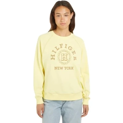 Image of Tommy Hilfiger Women&#039;s Reg Varsity Raglan Sweatshirt Ww0ww41239 Heavyweight Sweatshirts, Yellow (Yellow Tulip), XL