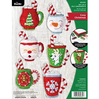 Image of Bucilla, Cozy Christmas, Felt Applique 6 Piece Ornament Making Kit, Perfect for Holiday DIY Needlepoint Arts and Crafts, 89639E