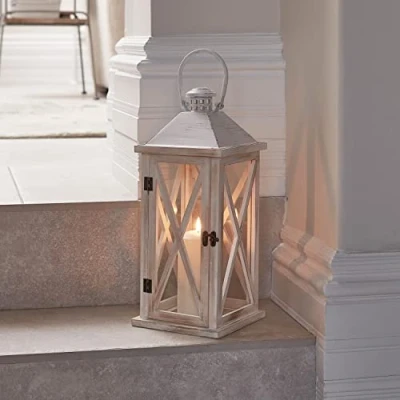 Image of Lights4fun White Wooden Battery Operated LED TruGlow® Candle Lantern with Handle 42cm