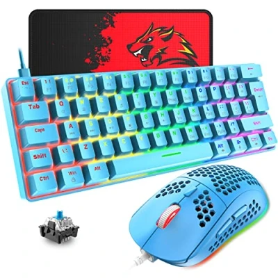 Image of T60 UK Layout 60% Mechanical Keyboard and Mouse Set, Compact 62 Keys Mini Wired Gaming 19 Rainbow Backlit + 6400DPI RGB Ultra Light PC Mice Pad For Laptop/MAC Blue/Blue Switch