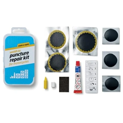 Image of WELDTITE Cure C Motorcycle Puncture Repair Kit, Includes 6 x Patches, 1 5 g Rubber Solution, Sandpaper, Crayon &amp; Chalk