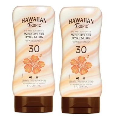 Image of Hawaiian Tropic SPF 30 Broad Spectrum Sunscreen, Silk Hydration Weightless Moisturizing Sunscreen Lotion, 6 Fl Oz, Twin Pack
