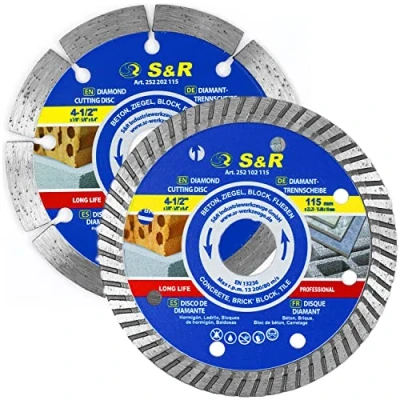 Image of S&amp;R Diamond Cutting Disc Set 2 Pieces: 1x Segment Standard + Turbo 115 x 10 22.2/15.88 mm for Stone, Concrete, Brick and Tiles