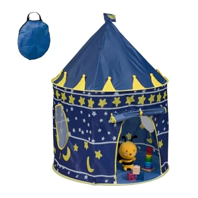 Image of Relaxdays Play Tent Moon &amp; Stars, for Children, Indoor, HWD: 135 x 100 cm, with Hook Loop Fastener, Blue/Yellow, Polyester
