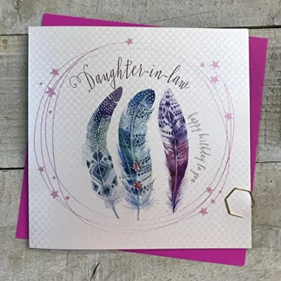 Image of WHITE COTTON CARDS DAUGHTER IN LAW BIRTHDAY CARD, FEATHERS DESIGN, HAND FINISHED (SP57)