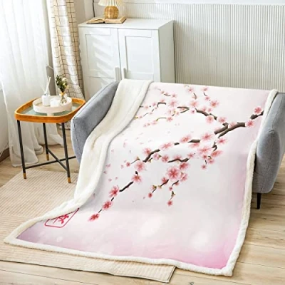 Image of Homemissing Cherry Blossoms Fuzzy Blanket for Sofa Bed Kids Girls Teens Pale Pink Blossom Petal Sherpa Japanese Spring Fleece Throw White Girly,Baby 30x40 Inch