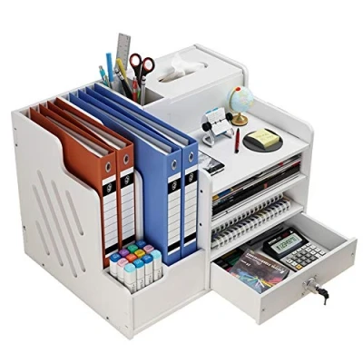 Image of NUODWELL White Desktop Organiser, Large Capacity Desk File Organiser Office Stationery Tidy Storage Rack Sorter for A4 Papers, Pens, Books, Letters and Documents (PB07 2)