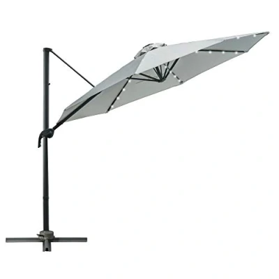 Image of Outsunny 3(m) Cantilever Roma Parasol Patio Sun Umbrella with Crank &amp; Tilt LED Solar Light Cross Base 360 Rotating Outdoor, Grey