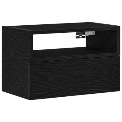 Image of vidaXL wall mounted bedside cabinet engineered wood floating nightstand in black 45x26x28.5 cm practical bedroom furniture with drawer and open compartment