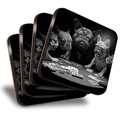 Image of Destination Vinyl ltd Great Coasters (Set of 4) Square BW French Bulldogs Playing Cards Dog Drink Glossy Coasters/Tabletop Protection for Any Table Type #42897