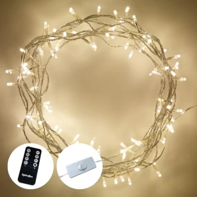 Image of Lights4fun 8m Indoor String Fairy Lights 100 Warm White LEDs on Clear Cable with Rocker Switch Plug in Mains Powered Christmas Tree Remote Control and Timer