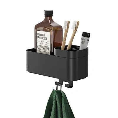 Image of Tiger 2 Store Storage tray with towel hook and toothbrush holder 25 cm Black