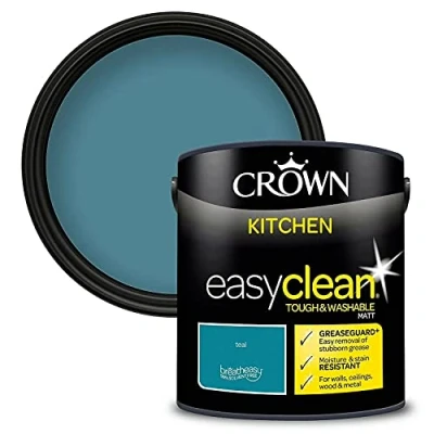 Image of 2.5L CROWN Easyclean Kitchen MATT Emulsion Multi Surface Paint With GREASEGUARD+ That can be Used on Walls, Ceilings, Wood and Metal. Stain &amp; Scrub Resistant Formula Teal