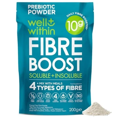 Image of 10g Fibre Supplement Prebiotic Powder, 1/3 NHS Daily Intake, 4in1 Insoluble &amp; Soluble 10,000mg (200g Bag, 30 x 5g Fiber) 4 Types of Fiber. Well Within Gut Health for Men, Women, Kids