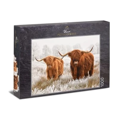 Image of Ulmer Puzzleschmiede Puzzle &quot;Winter Friends&quot; Winter 1000 Pieces Animals Motif with Two Shaggy Highland Cattle Great Picture Contrast Between and Nature