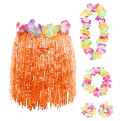 Image of Orange Hawaiian Set Fancy Dress Costume Kit Coloured 40cm Short Hula Skirt + Flower Lei Necklace Pair of Bracelets Headband 5 Piece Hawaii Grass Luau