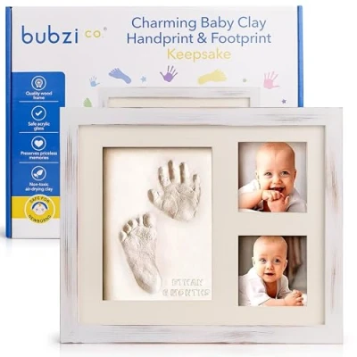 Image of Bubzi Co Baby Footprint Kit, Foot and Hand Print Keepsake Frame, Nursery Pictures Frames, Mold New Mom Gifts (White Wash)