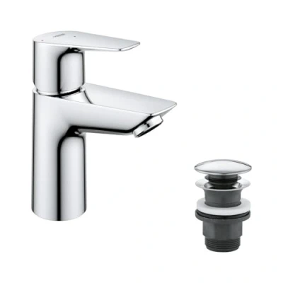 Image of GROHE QUICKFIX Start Edge Bathroom Basin Mixer Tap with Push Open Pop Up Waste Set (Metal Lever, 28 mm Ceramic Cartridge, Energy and Water Saving, Tails 3/8 Inch), Size 147 mm, Chrome, 23900001
