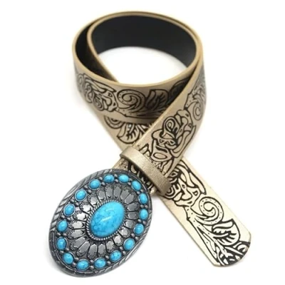 Image of YIZITU Eye Catching Waist Belt with Turquoise Buckle Embossed PU Leather Belts for Women Coat Dress Adjustable Length
