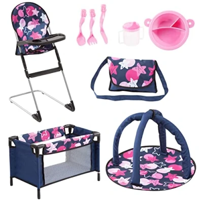Image of Bayer Design 61769AB Set 9 in 1 for dolls with highchair, bag, plate cutlery and drinking cup, a play mat travel bed, doll accessories set, blue pink stars