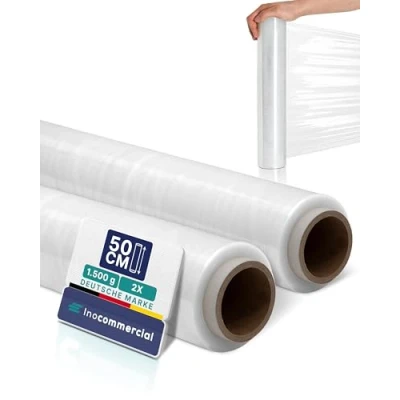Image of Inoverse 2 Rolls Stretch Film, 21 Micron Transparent Wrap Cling 50 cm / 1.5 kg Hand Film for Furniture &amp; Moving, Pallet Packaging on Roll, Moisture Water Proof Shrink