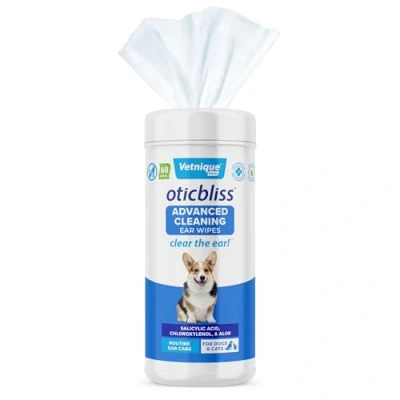 Image of Vetnique Labs Oticbliss XL Dog Ear Cleaning Wipes with Odor Control, Solution and Itch Relief Reduces Head Shaking for Dogs &amp; Cats 60ct Extra Large