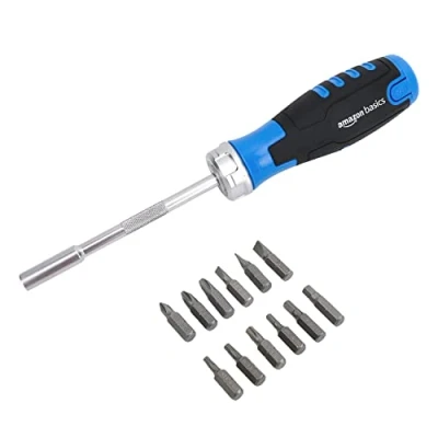 Image of Amazon Basics DS CJAMZ2010 12 Piece in 1 Magnetic Ratchet Screwdriver, Silver, Black,silver