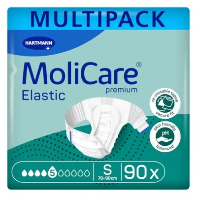 Image of MoliCare Premium Elastic Unisex Disposable Slip: Discreet Use for Woman and Men with Incontinence; 5 Drops, Size S, 3 Packs of 30 (90 Pieces)