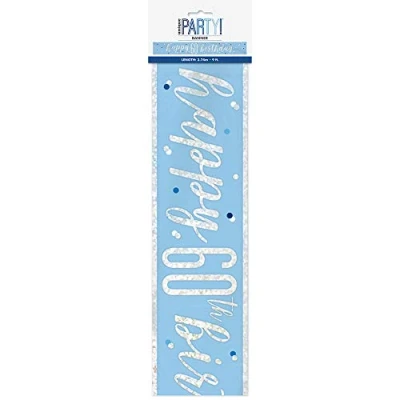 Image of Glamorous Happy 60th Birthday Glitz Blue &amp; Silver Foil Banner (274cm) Perfect Party Accessory 1 Pc
