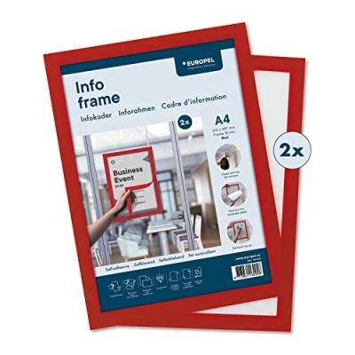 Image of EUROPEL Self adhesive magnetic info frame from PVC, A4 red, set 2 pcs, removable adhesive, double sided, portrait or landscape, overall dimensions 325x238mm