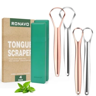 Image of RONAVO Tongue Scrapers Cleaner for Adults &amp; Kids, Oral Hygiene, Maintain Health, Clean Off The Sundries, Enhance Sense of Taste, No Smell, Rust 2 Colors (4 PC)