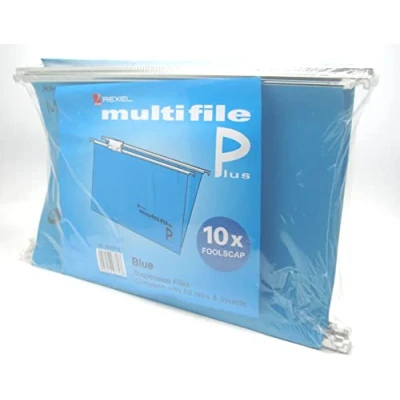 Image of Rexel Foolscap Multifile Plus Suspension Files Complete with Tabs &amp; Inserts for Filing Cabinets, 15mm V Base, 10 Pack Blue, 3000010, Hanging Office Work School
