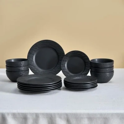 Image of Karaca Solem Embossed 18 Piece Stoneware Dinner Set for 6 People, Dishwasher Safe, Microwave Plate, Side Soup Bowl, Black