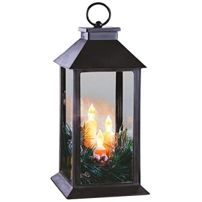 Image of 28cm Christmas Lantern With 3 Flickering LED Electric Candles Warm White Glow Black Tall Square Frosted Snowy Pine Needles Red Berries