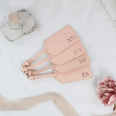 Image of eBuyGB Personalised Soft Pink PU Leather Luggage Tag with Initials, Monogrammed Suitcase Tag, Hen Party Favour, Do Abroad, Holiday Travel Gift (Sample)