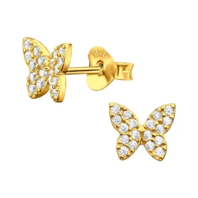 Image of The Rose &amp; Silver Company Women Girls 925 Sterling Gold Plated Butterfly Cubic Zirconia Stud Earrings