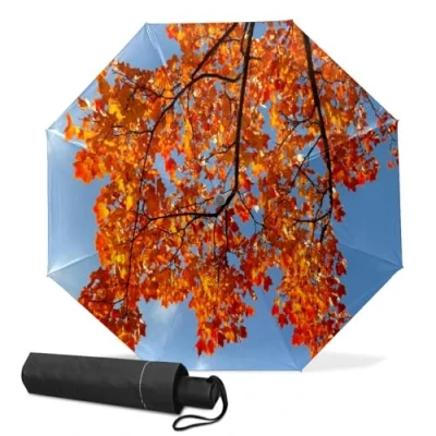 Image of GISPOG Automatic Folding Umbrella, Leaves Autumn Waterproof Compact Sun and Rain Travel Umbrellas for Women &amp; Men