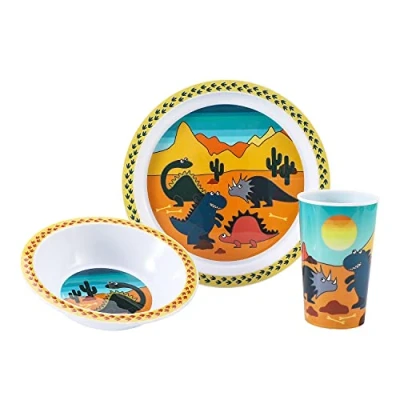 Image of Dinosaur 3Pcs Coloured Dining Set Plate, Bowl and Tumbler Dinnerware for Children, BPA Free