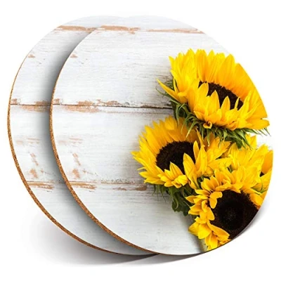 Image of 2 x Round Coasters Sunflower Pretty Yellow Flowers Cork Backed Home Kitchen Accessory Tea Coffee Mug Mat #14826