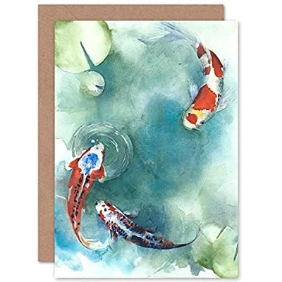 Image of Wee Blue Coo Japanese Koi Fish With Lilies Greeting Card Envelope Inside Premium Quality