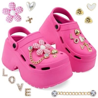 Image of CityComfort Womens Platform Heeled Clogs with Removable Charms Gifts (Pink, 7/8 UK)