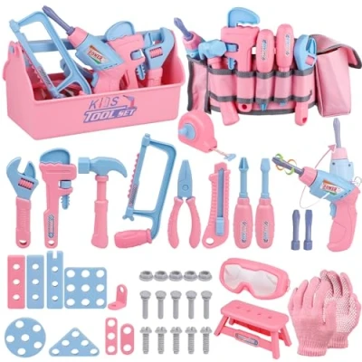 Image of Magic4U Kids Tool Set, 48PCS Pretend Play Toys with Belt, Electric Toy Drill, Construction Box Kit Gift for Girls Age 3 4 5 6 7 8 Years Old
