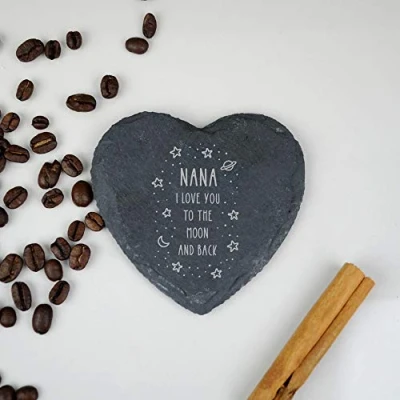 Image of eBuyGB Personalised Slate Coaster, I Love You To The Moon and Back, Grandma Birthday Gift, Present from Grandchildren, Engraved Drinks Coaster (Heart)