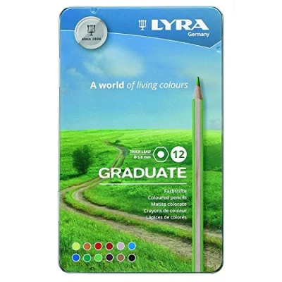 Image of LYRA Graduate Colouring Pencils, 3.8mm Thick Lead, 12 Assorted Colours, Technical &amp; Artistic Drawing, Tin Box, Ideal for Student Artists Schools